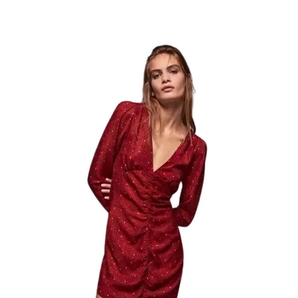 Zara Dress Womens Medium Red Black Mini Polka Dot Ruched Long Sleeve Cocktail